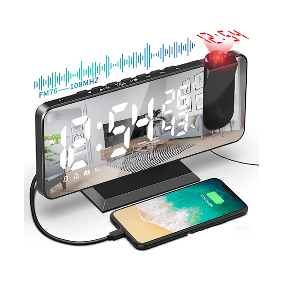 Svart väckarklocka Takprojektor, Takprojektionsväckarklockradio, med 7,5 tums spegelskärm, temperatur USB-port, dubbel väckarklocka, 4 A