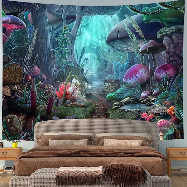 Forest Garden Væghæng, 150X130CM Psykedelisk Hippie Tapet Vægtapet Planter Svampe, Abstrakt Tapet Dekoration Væghængende Tæppe