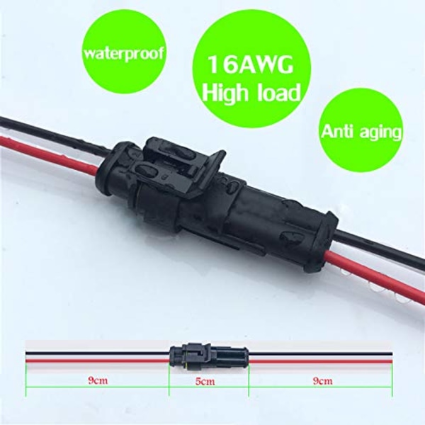 Vanntett kontakt (5-pakning) (2-polet kontakt) 2-polet selvlåsende elektriske ledningskontakter med 16 AWG marinekabel for bil, lastebil, båt og annet