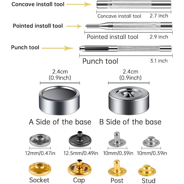 Sæt med 120 stk. Metal Trykknapper, Metal Trykknapper med 3 Knapper Lukkeværktøjer, Trykknapper Sæt til Læder Tøj, Håndværk, Jeans, Tegnebog,