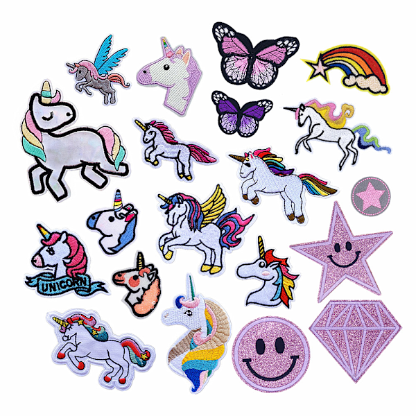 20 st strykjärnsmärken, enhörningsmärken, dekorationsplaster, stjärnor, smileys, diamant, enhörning, fjäril, regnbåge, DIY-tillbehör