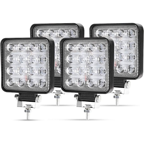 4 x 48W LED-arbetsbelysning, fyrkantig strålkastare 12V 24V långdistans LED-strålkastare IP67 Spot Flood Backljus för bil lastbil traktor SUV båt (4 st)