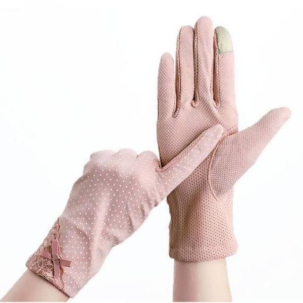 Dam solskydd körhandskar, andningsbara tunna alla fingerhandskar, eleganta spets solskyddshandskar, pekskärmshandskar, utomhuscykel fiske pink