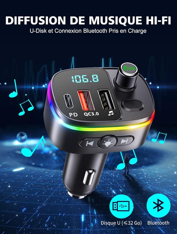 Bluetooth 5.0, QC3.0 & PD 18W USB C Bluetooth Bil FM-sender med 9 RGB Baggrundsbelysning, Bil Bluetooth Adapter Understøtter Håndfri Opkald, Assistent, US