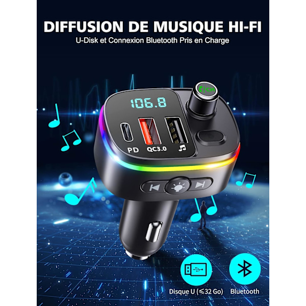 Bluetooth 5.0, QC3.0 & PD 18W USB C Bluetooth bil-FM-sender med 9 RGB-bakgrunnsbelysning, bil-Bluetooth-adapter støtter håndfri samtaler, assistent, US