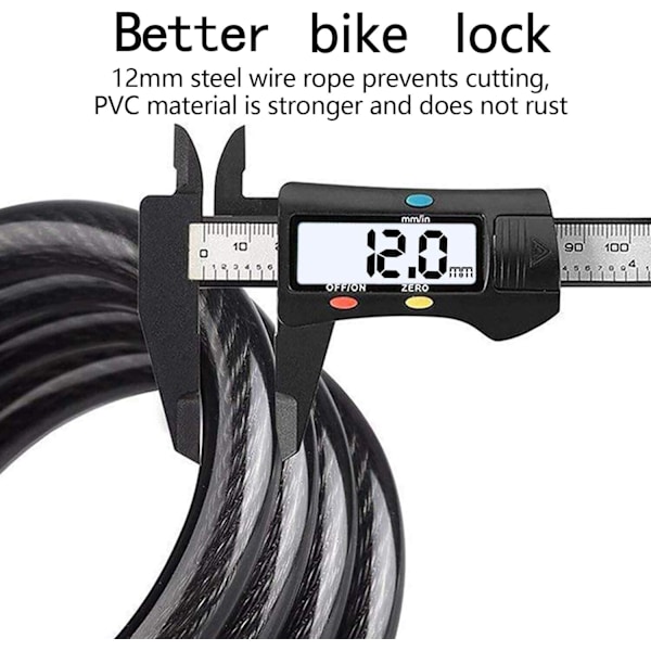 Sort cykel lås, Lang cykel lås 120cm x 12mm, Tyverisikret kabel til cykel scooter motorcykler cykelport med 5 cifre intelligent kode og cykel S