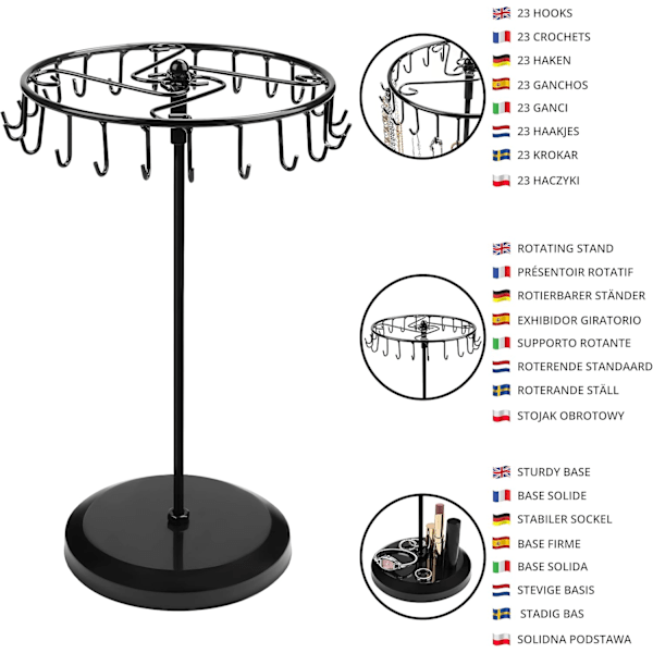 Roterende smykkeholder i svart metall (21 kroker) - H33 x B21cm - Smykkeutstillingstårn - Halskjede, armbånd, ringer og ørepynt holder