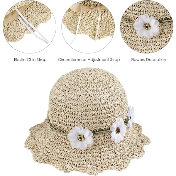 Flickor Halmhattar Fällbar Solhatt med Blomdekoration Sommarhatt för Barn Strand Resor Vandring