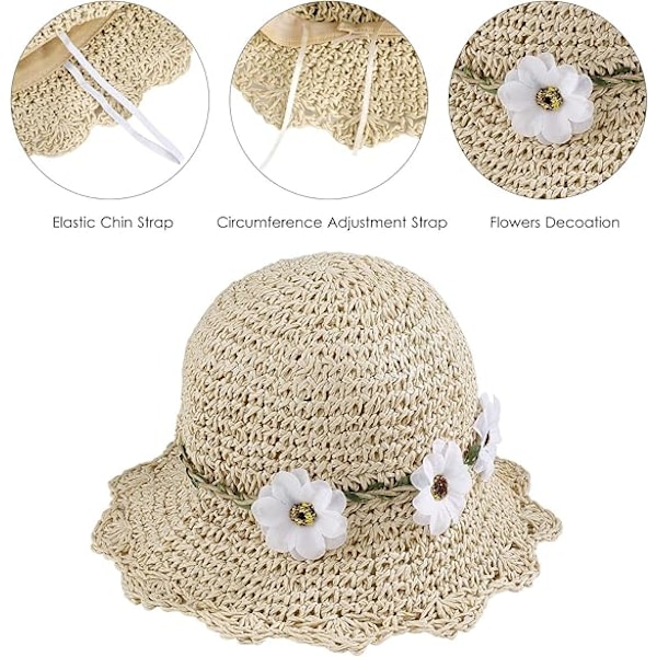 Jente Straw Hat - Foldbar Solhatt med Blomsterdekor Sommerhatt for Barn Strand Reise Vandring