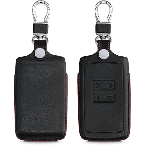 Fodral Kompatibelt med Renault Smart Key 4-knapp (Endast Keyless Go) - Svart-Röd - Äkta Läder Bilnyckelfodral med Nyckelring