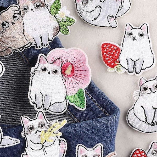 12 Stycken Djur Broderade Stryk på Märken, Katt Stryk på Märken Set, Sy På/Stryk på Applikation för Kläder, Klänning, Hatt, Jeans, DIY Tillbehör