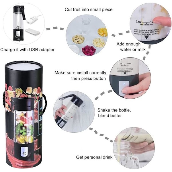 (Sort) Blender, Bærbar Frugtblender, Mini USB Blender til Smoothie, Milkshake, Frugtjuice, Bærbar Blender 350-420 ML 6 Blade til Sport og Rejser