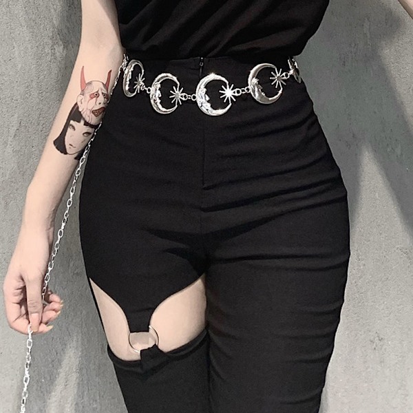 Sølv Mode Kæde Bælte Til Kvinder Vintage Stjerne Måne Stil Bælte Hul Sol Vedhæng Punk Hip Hop Talje Kæde Justerbar Længde Kjole Bælte Metal Bælte