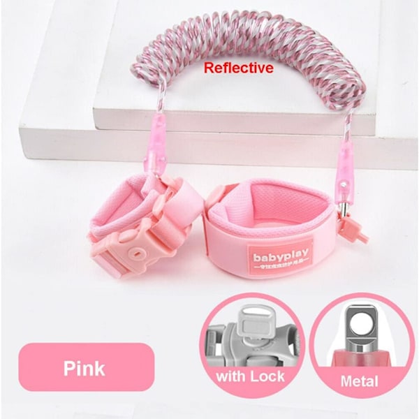 Pulver-Anti Lost handledsrem/Anti Lost barnkoppel med säkerhetslås, 360° roterbar led reflekterande baby Anti-Lost bälte, 1,5 m rosa barnsäkerhetssele