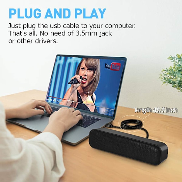 Datamaskinhøyttaler (183*37*47mm), USB-drevet høyttaler for skrivebord, Windows PC, bærbar PC. Mini bærbar lydplanke - Plug and Play