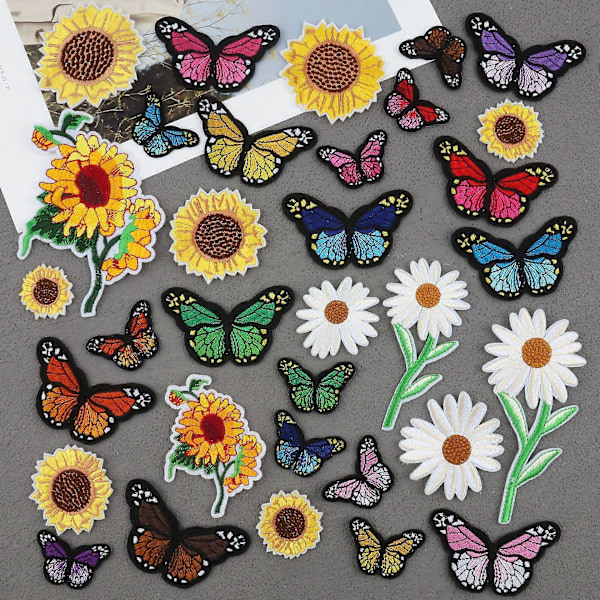 33 Stycken Broderade Stryk på Märken, Solrosor Fjäril Tusensköna Blomma Stryk på Märken Set, Sy På/Stryk på Applikation för Kläder, Klänning, Hatt, Jea