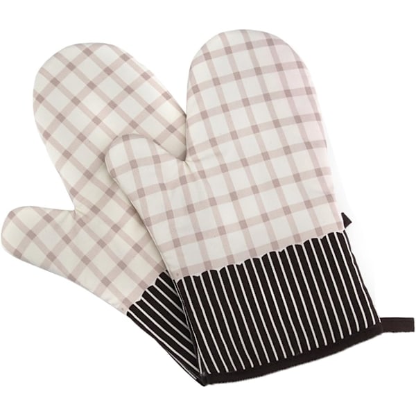 2 stk Polyester-Bomulls Ovn Hansker for Grill Bakst Mikrobølgeovn Anti Varme Kjøkken Hansker - Beige Rutete