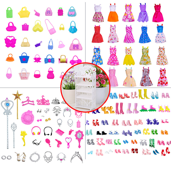 Tillbehör till dockor, 50 par skor + 30 väskor + 30 accessoarer + 20 kläder + skoskåp Vetements Poupee Mini Kläder Tillbehör Skor Hängare