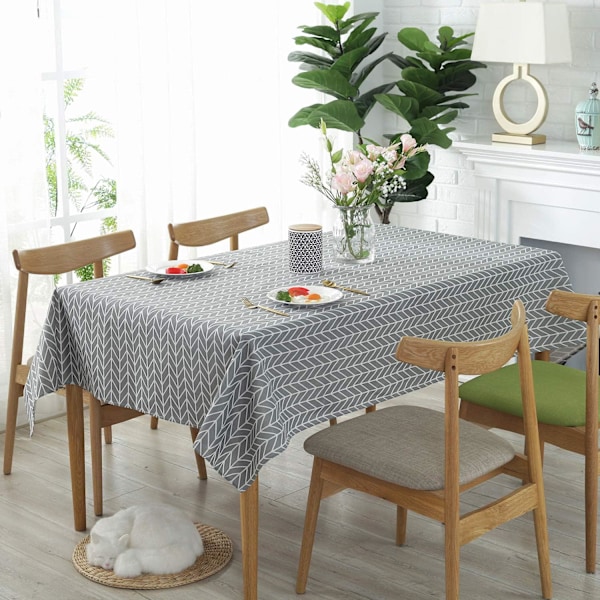 Rektangulär bomulls- och linneduk med pilmönster, dammtät, tvättbar bordsduk för köksmatbord 140 x 220 cm (grå)