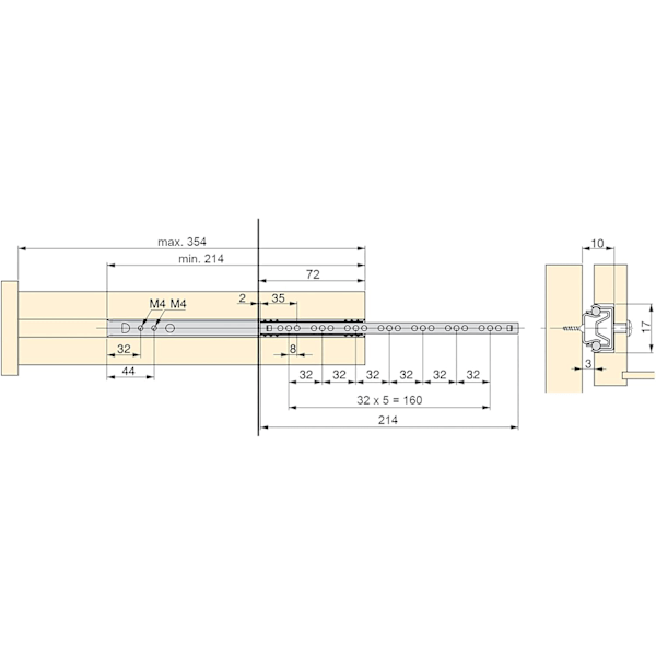 Pakke med 1 par (2 stk) kuleløpere/glideskinner Utdrag Del 17mm x 214mm for skuff
