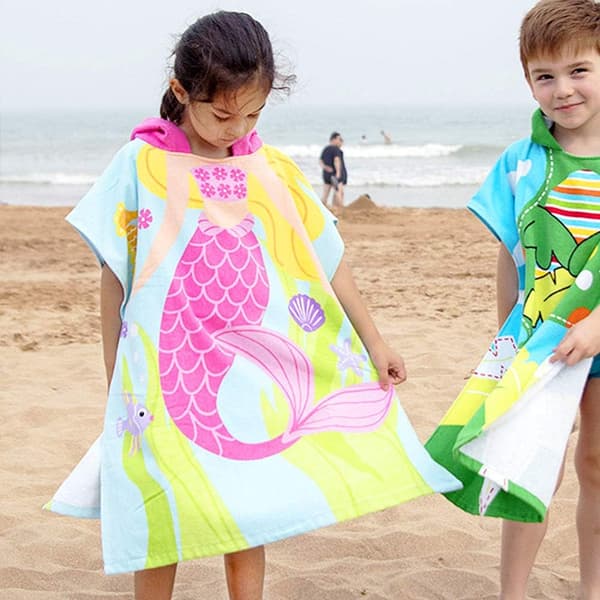 Bomullsbadeponcho for barn, badehåndkle med hette for jenter og gutter, badekåpe med hette (Havfrue)