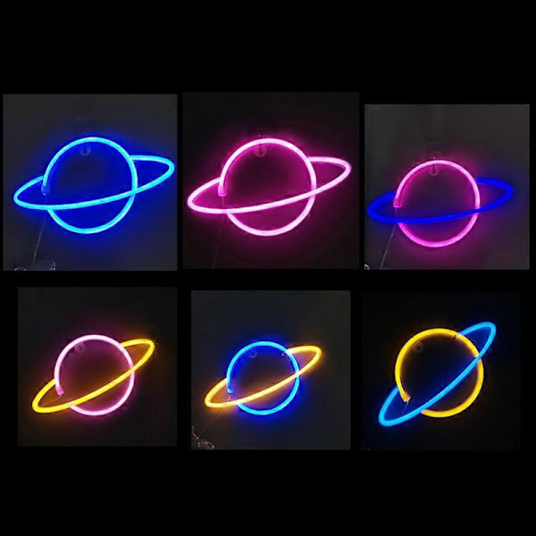 Pink Blue Planet Neonskilte, Batterilampe Neonlys LED Lys Natlampe, Planet USB Belyste Væghængende Lamper, Kunstindretning til Hjemmet, Børneværelse, Ba