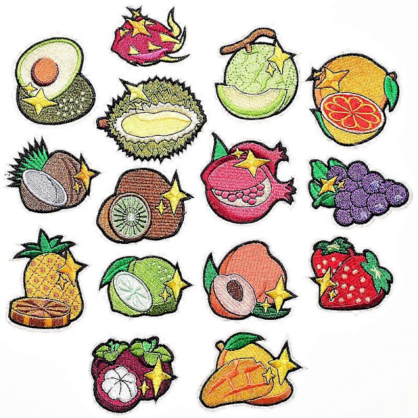 Et sæt med 15 tegneserie frugt stofmærker, durian, drue, avocado, ananas, broderi badges, klæbemærker til tøj, tasker, sko og hatte, personliggjort