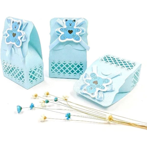 24 blåa babyshower-presentaskar, söta presentaskar för pojkar, till babyshower, födelsedagsfest, dop, nyföddfest, presenter till barnens dag