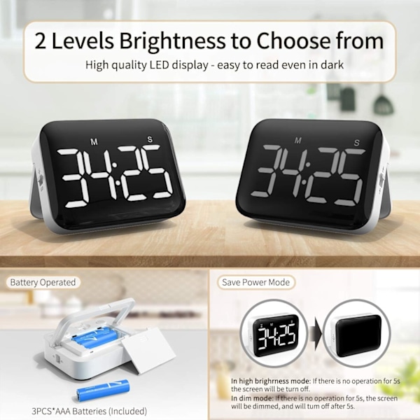 Digital Køkken Timer 4 Tommer Stor LED Skærm Magnetisk Timer med Justerbar Lysstyrke og Lyd Stopur Timer til Børn og Ældre - Batterier