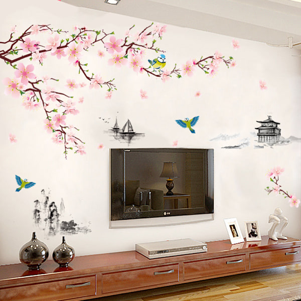 Vægklistermærker FERSKENBLOMSTER & FUGLE (240x150 cm) | Selvklæbende vægklistermærke roser kirsebærtræ gren planter til stue soveværelse køkken gang