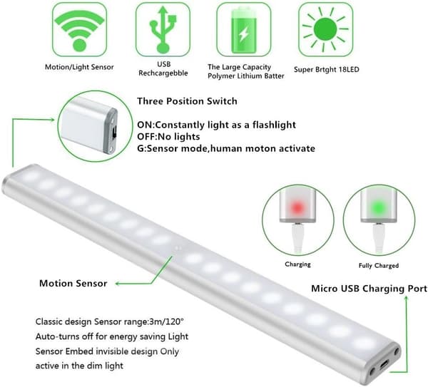 20 LED-lamper, trådløse, USB-oppladbare, magnetiske, bevegelsessensor, 2 lysmoduser, bærbare. Skaplys, nødlys, barnerom