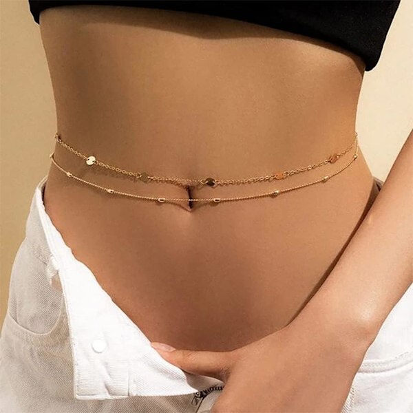 Layered(Gold) Beaded Waist Chain Beads Belly Chain Sequin Stomach Chain Body Jewelry Accessories for Women and Girls