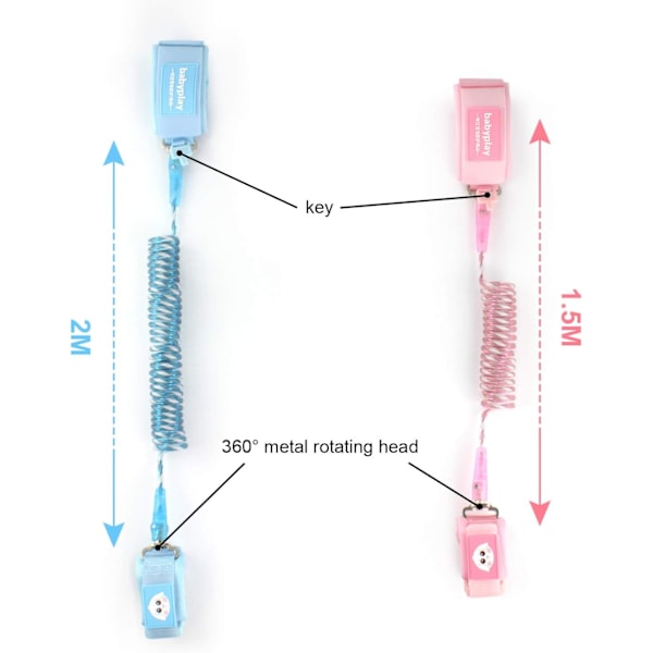 Säkerhetsarmband för barn, PTN 2 st justerbart anti-förlustbälte för barn, elastiskt vajerrep med fluorescerande och säkerhetslås (1,5 m + 2,5 m