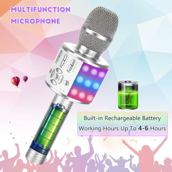 Trådløs Bluetooth Karaoke Mikrofon til Android/iOS, med Optagefunktion, Dansende LED-lys - Bærbar, Sølv