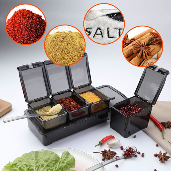 Kryddbox set, 4 delar flaskor salt kryddburk, kryddburkar kök kryddbehållare förvaringsburkar med 4 skedar