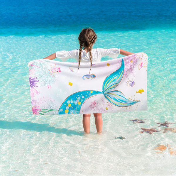 Sjöjungfru Strandhandduk för Barn - 76x150cm Sandfri Mikrofiber för Flickor, Badhandduk, Pool, Camping, Resor, Ultra Absorberande, Super Mjuk Strandhandduk