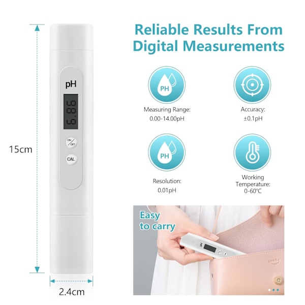 Elektronisk PH-Meter Tester, 0 til 14 pH Måleområde, Høj Præcision Swimmingpool pH Tester, pH Meter til Swimmingpool, Akvarium, Drikkervand