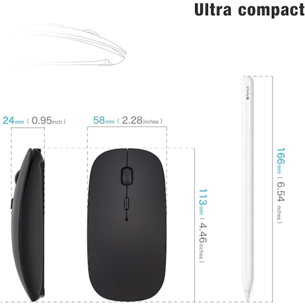 Svart trådlös Bluetooth-mus kompatibel med Macbook/iPad/iPhone(iOS13.1.2 eller högre)/PC, laddningsbar mini tyst mus för Android/Windows/Linux,