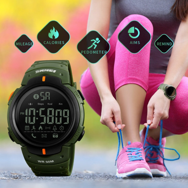 SKMEI 1301 Bluetooth Men Smart Watch Funktioner Sportklockor Påminnelse Digitala armbandsur Kalorier Stegräknare Män Klocka Relogios Black Green strap