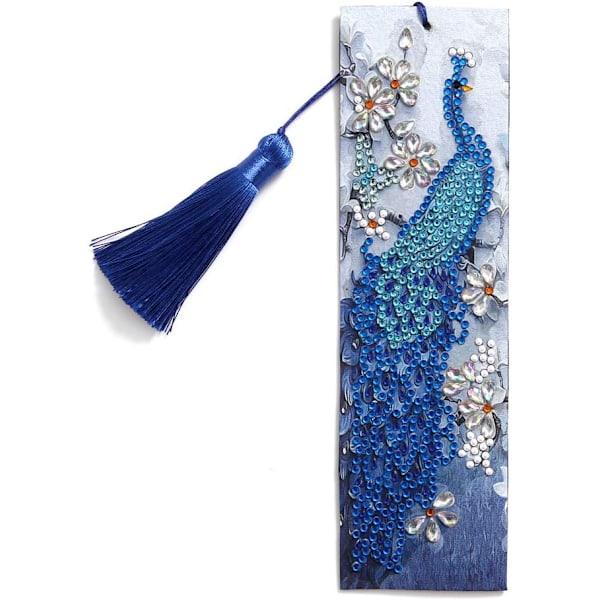 5D Diamond Pasted Painting Kit（Peacock）,DIY Diamond Painting Bookmarks,Diamond Embroidery Bookmarks Kit with Leather Tassel,Paint by Number Kit