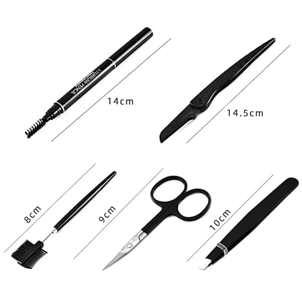 Ögonbrynskit, 5 st ögonbrynspincett, ögonbrynspenna, ögonbrynssax, ögonbrynskam, ögonbrynsrakapparat och bärväska för kvinnor och män, svart
