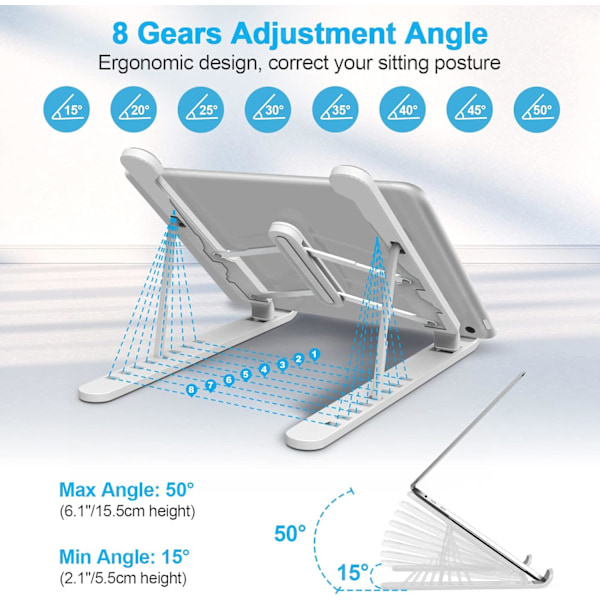 Hvid Laptop Stativ, Laptop Stativ med 8 Justerbare Niveauer, Laptop Stativ i Plastik & Anti-Skrid Sikkerhed Silikon & Aluminium Legering, Kompatibel med MacBook Air
