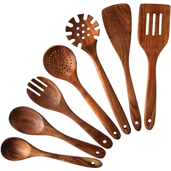 Träredskap i trä, set med 7, eleganta, starka och non-stick teakträskedar och spatlar för hemmet och köksdekor
