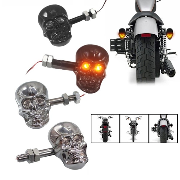 (svart-67*47mm, M10mm) 2 stk. punk hodeskalleform LED blinklys for de fleste motorsykler, tilpasset ombyggingstilbehør for 12V motorsykler
