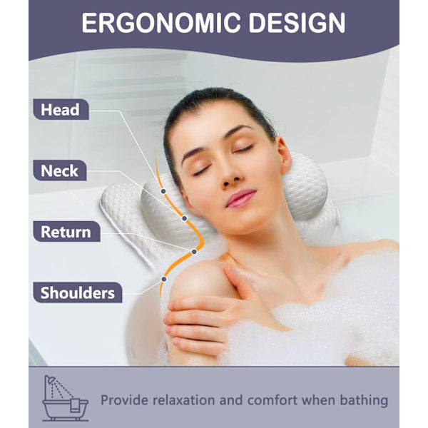 Badkarskudde (44*42*6cm), Badkudde Ergonomisk 4D Air Mesh-teknik och 6 sugkoppar Huvudstödfunktion, Lämplig för badkar, varma spa a