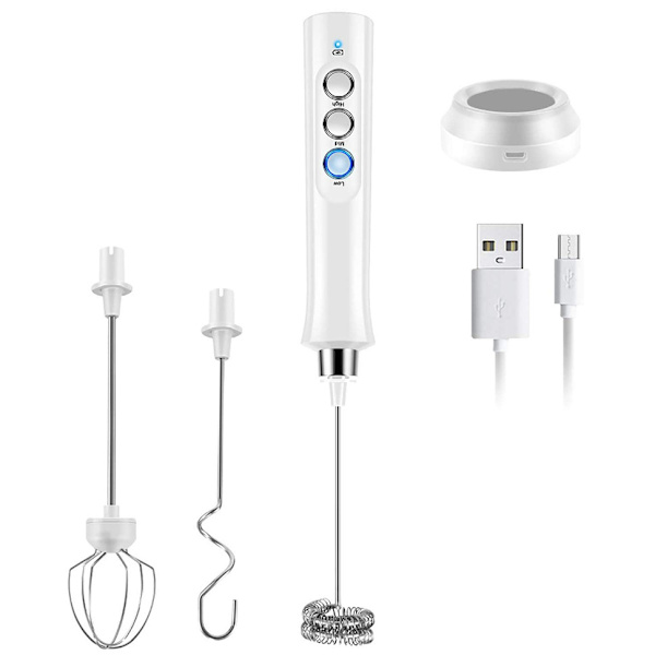 Elektrisk melkeskummer med dobbelt skumhåndtak, USB-oppladbar med eggepisker, Latte, Cappuccino, Rustfritt stål med stativ