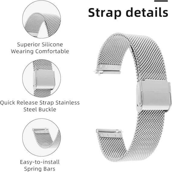 2*Klockarmband, Snabbfrigörande Klockarmband Justerbart Rostfritt Stål Mesh Klockarmband 20mm Bredd Milanese Mesh Armband för Män Kvinnor Silver