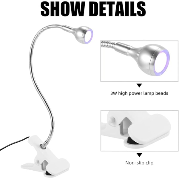 UV-negle tørkelampe (Sølv), 3W limherdende lampe for neglegelé med justerbart hode, Profesjonell ultrafiolett UV-limlampe for tørre fingermanikyr
