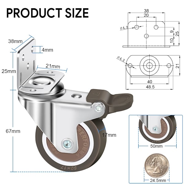 Set med 4 svängbara hjul 50mm, 100kg möbelhjul, L-typ möbelhjul med broms 360° rotation, för inomhus- och utomhusbruk (2 hjul med broms