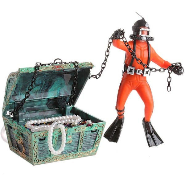 Orange Treasure Hunter Ornament Aquarium Fish Action Figure Diver Underwater Diver Treasure Chest Tank Landscape Decor